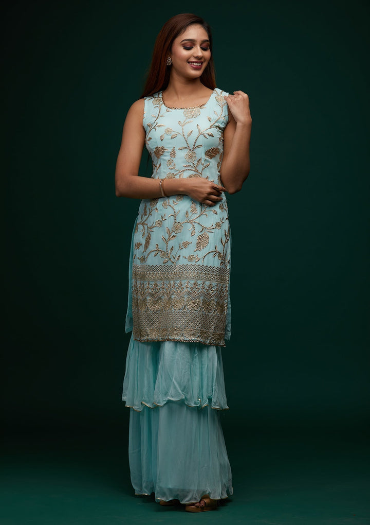 Sky Blue Zariwork Georgette Designer Salwar Suit - Koskii