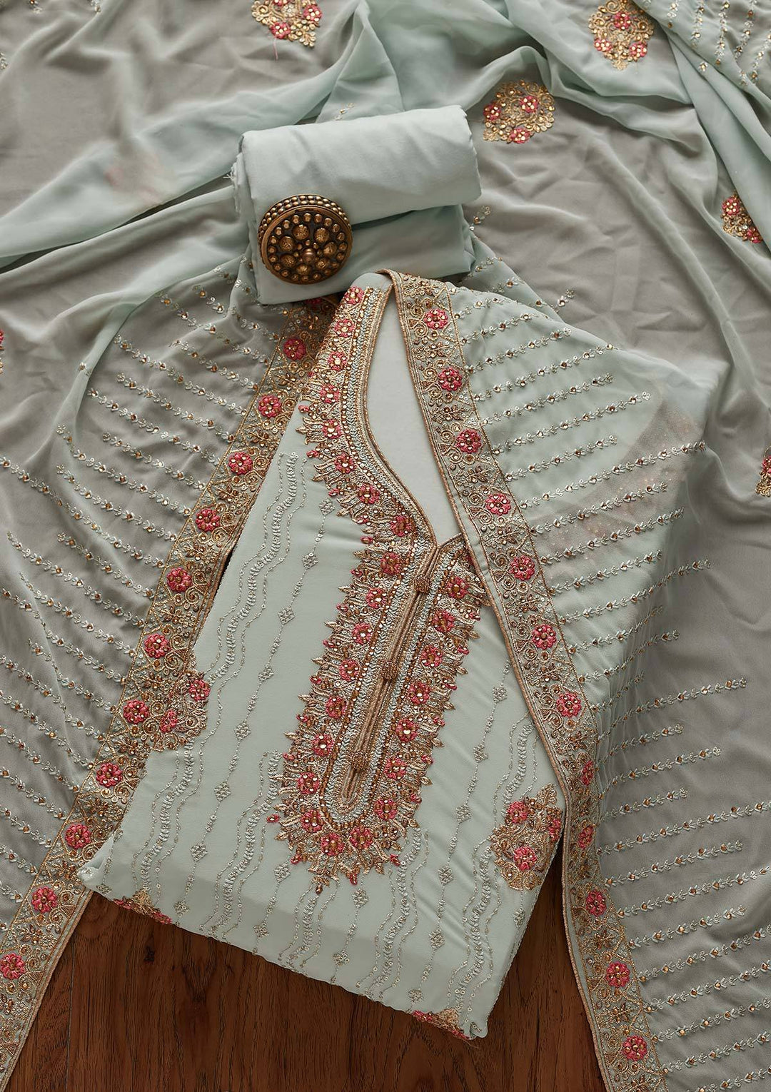 Sky Blue Zariwork Georgette Designer Semi-Stitched Salwar Suit - Koskii