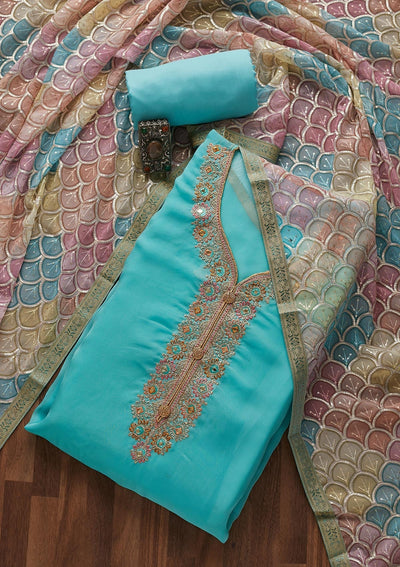 Sky Blue Zariwork Georgette Designer Unstitched Salwar Suit - Koskii