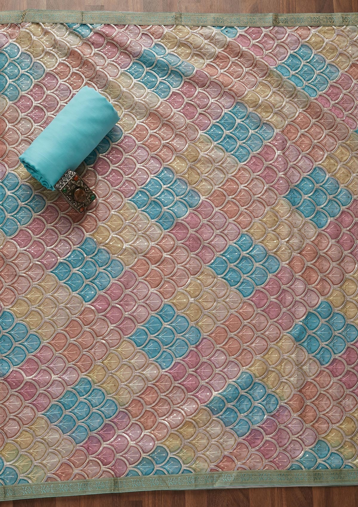 Sky Blue Zariwork Georgette Designer Unstitched Salwar Suit - Koskii