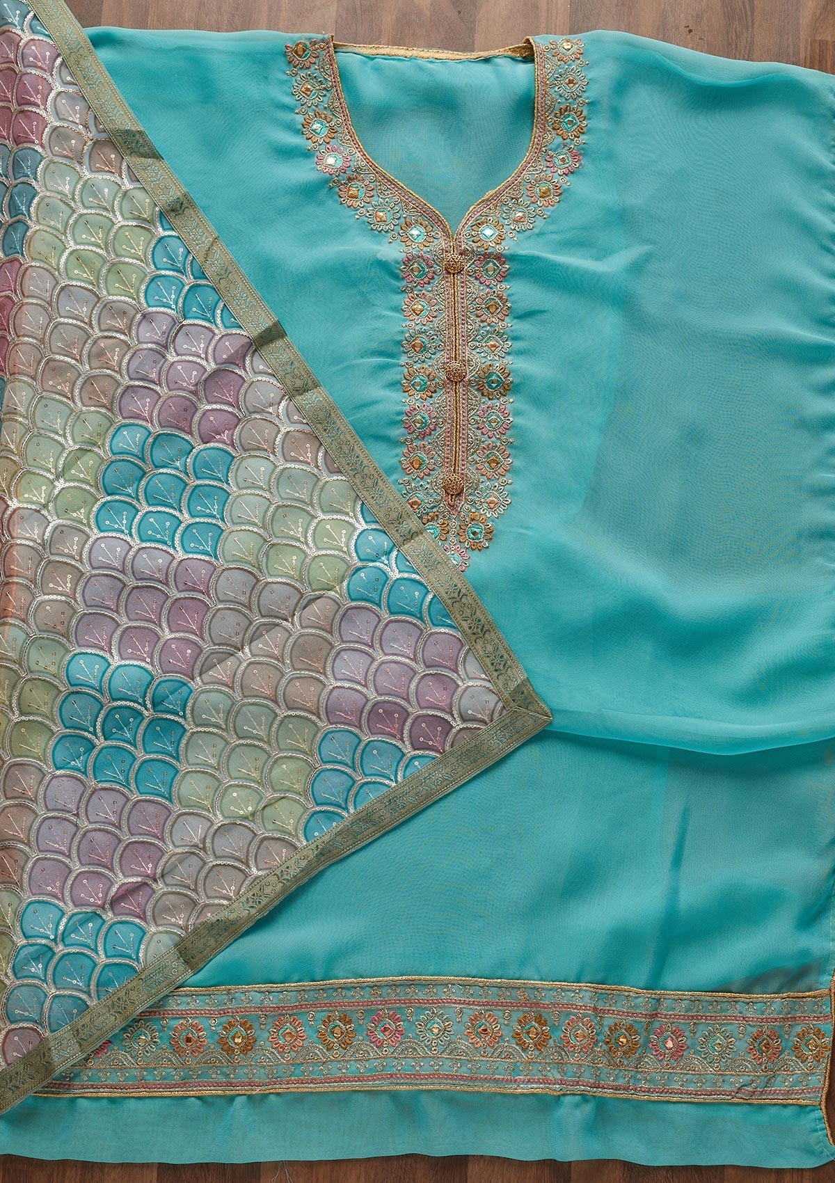 Sky Blue Zariwork Georgette Designer Unstitched Salwar Suit - Koskii