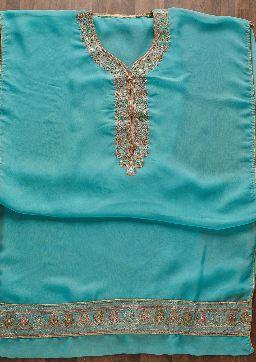 Sky Blue Zariwork Georgette Designer Unstitched Salwar Suit - Koskii