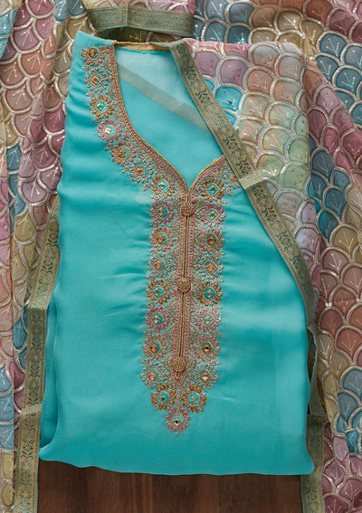 Sky Blue Zariwork Georgette Designer Unstitched Salwar Suit - Koskii
