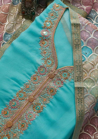 Sky Blue Zariwork Georgette Designer Unstitched Salwar Suit - Koskii