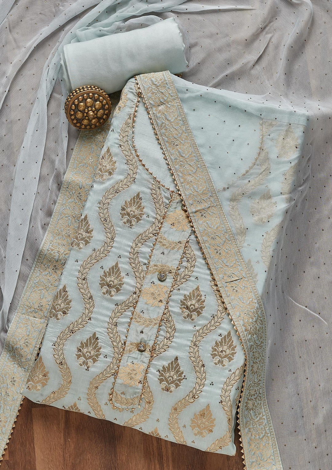 Sky Blue Zariwork Georgette Unstitched Salwar Suit- Koskii