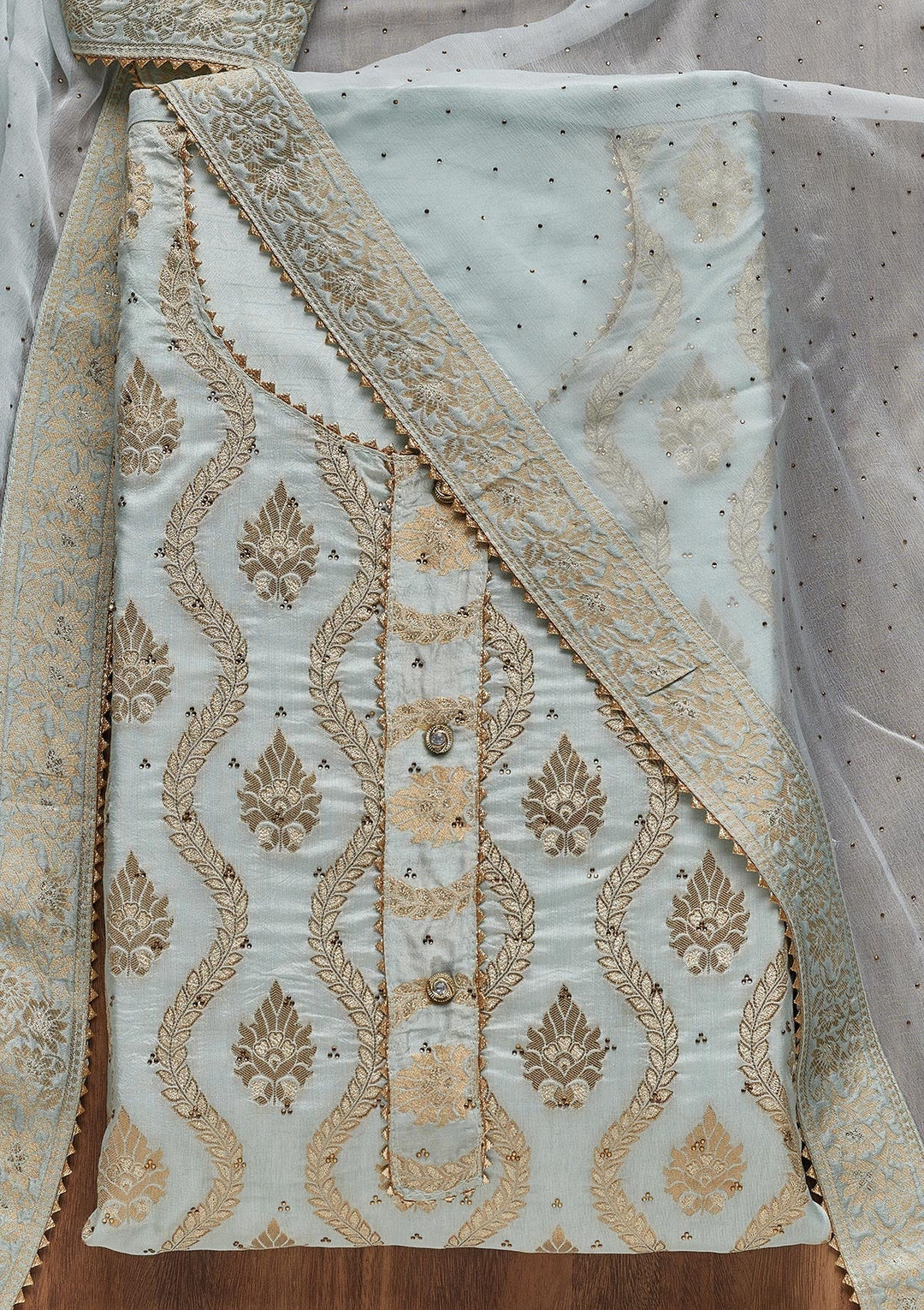 Sky Blue Zariwork Georgette Unstitched Salwar Suit - Koskii