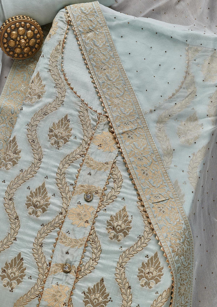 Sky Blue Zariwork Georgette Unstitched Salwar Suit - Koskii