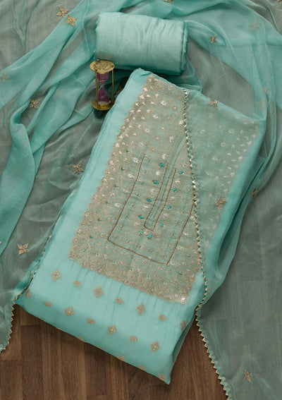 Sky Blue Zariwork Georgette Unstitched Salwar Suit-Koskii