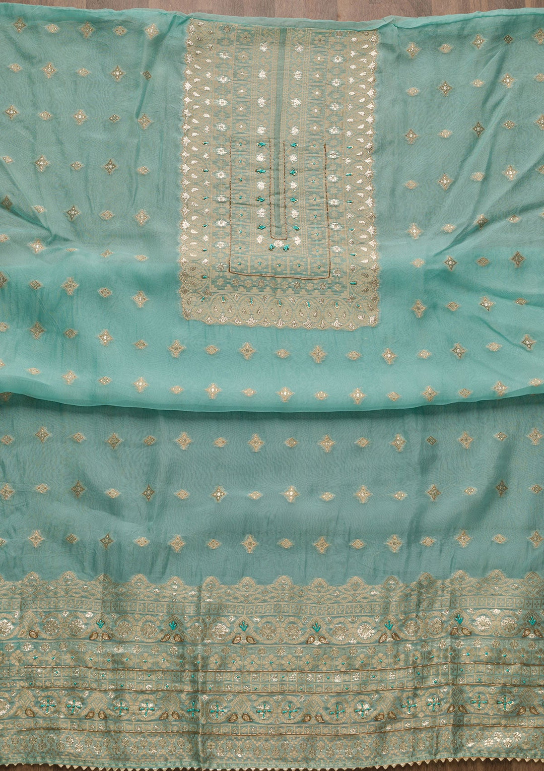 Sky Blue Zariwork Georgette Unstitched Salwar Suit-Koskii
