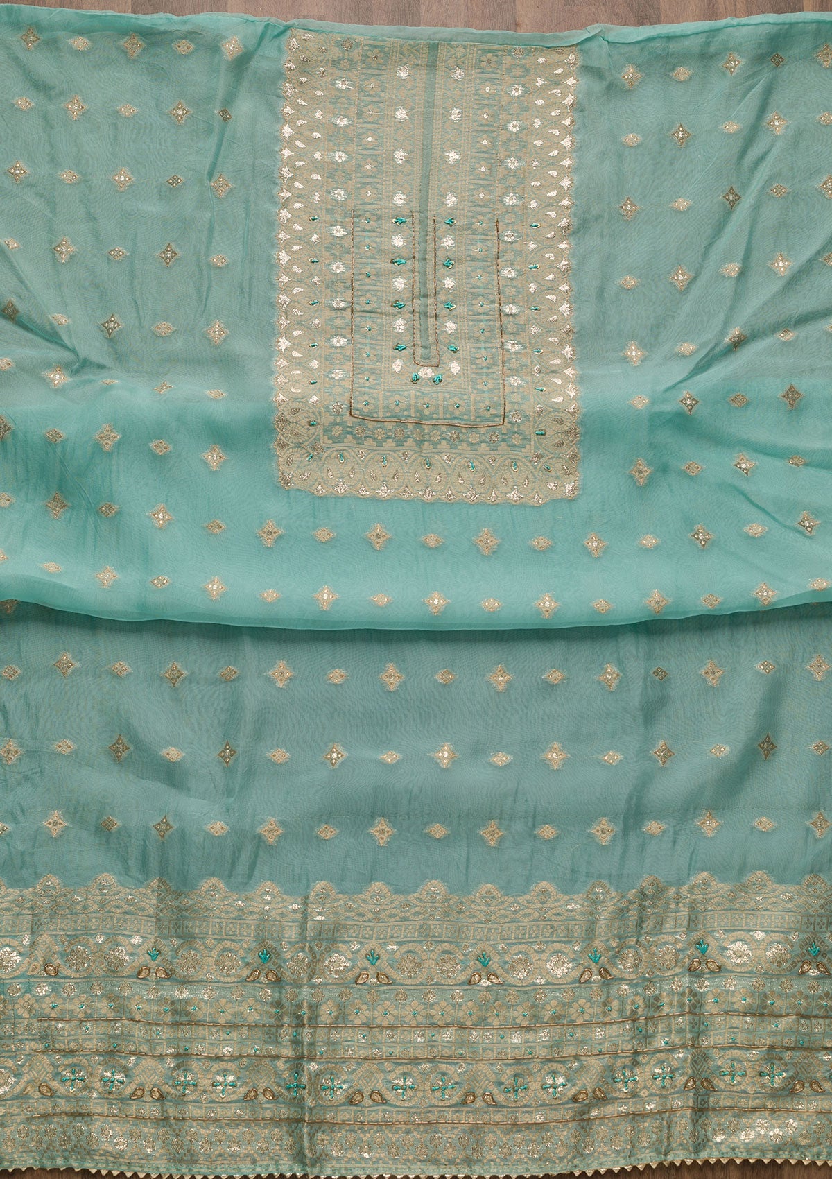 Sky Blue Zariwork Georgette Unstitched Salwar Suit-Koskii
