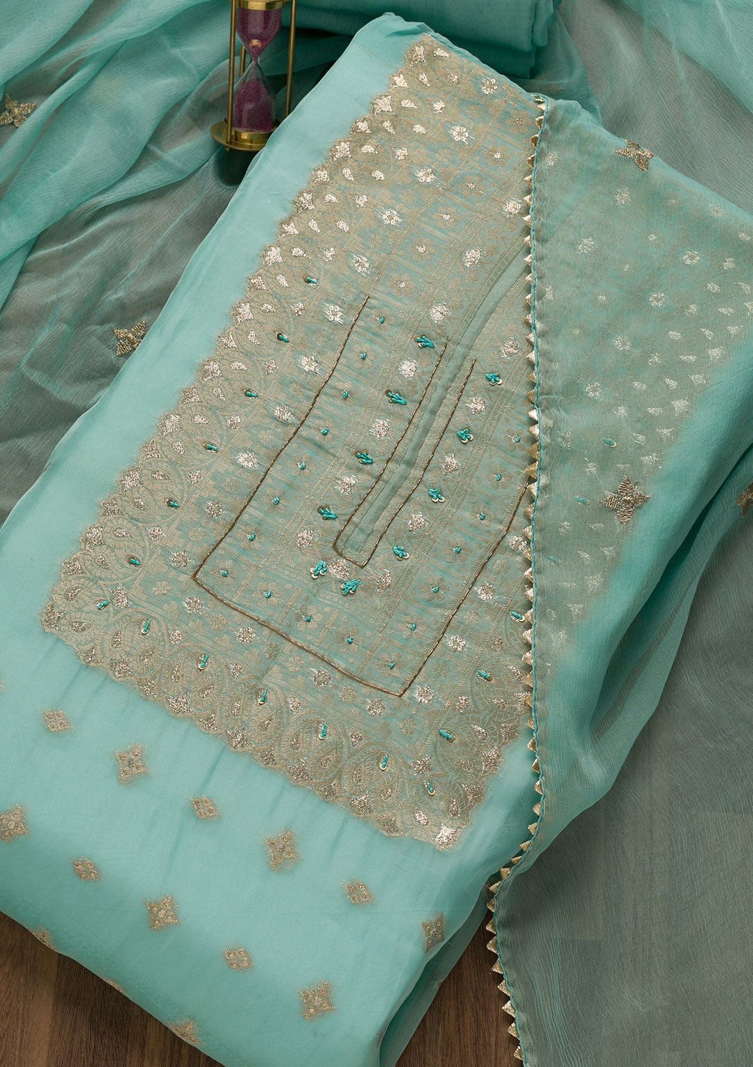 Sky Blue Zariwork Georgette Unstitched Salwar Suit-Koskii