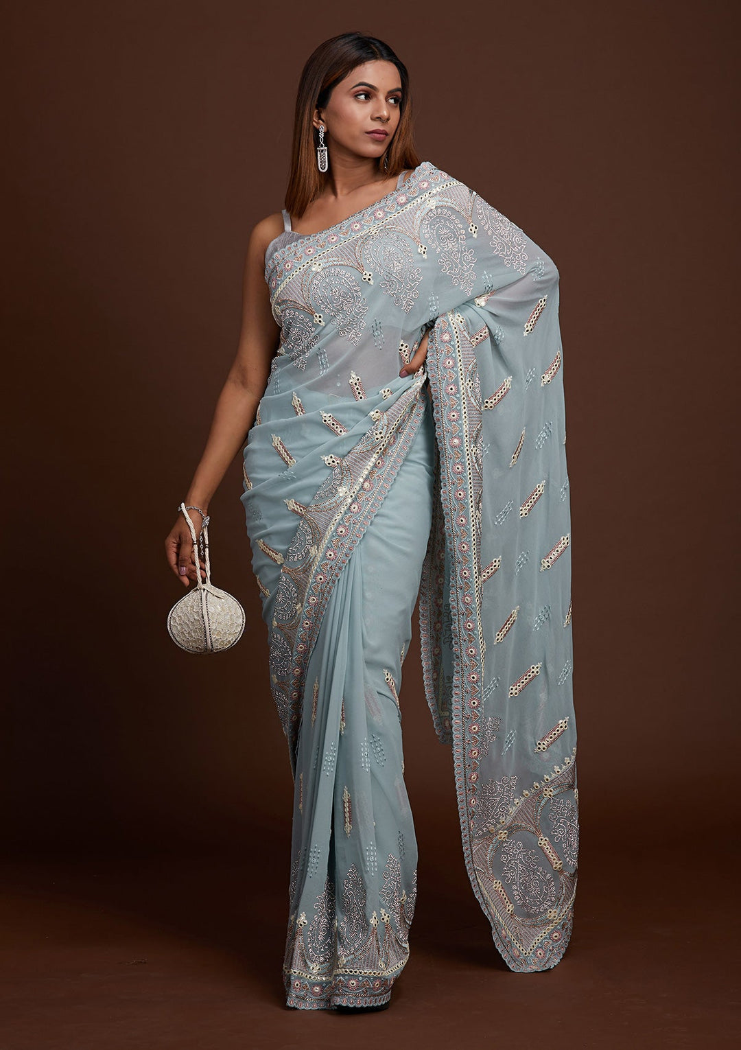 Sky Blue Zariwork Georgette Saree-Koskii