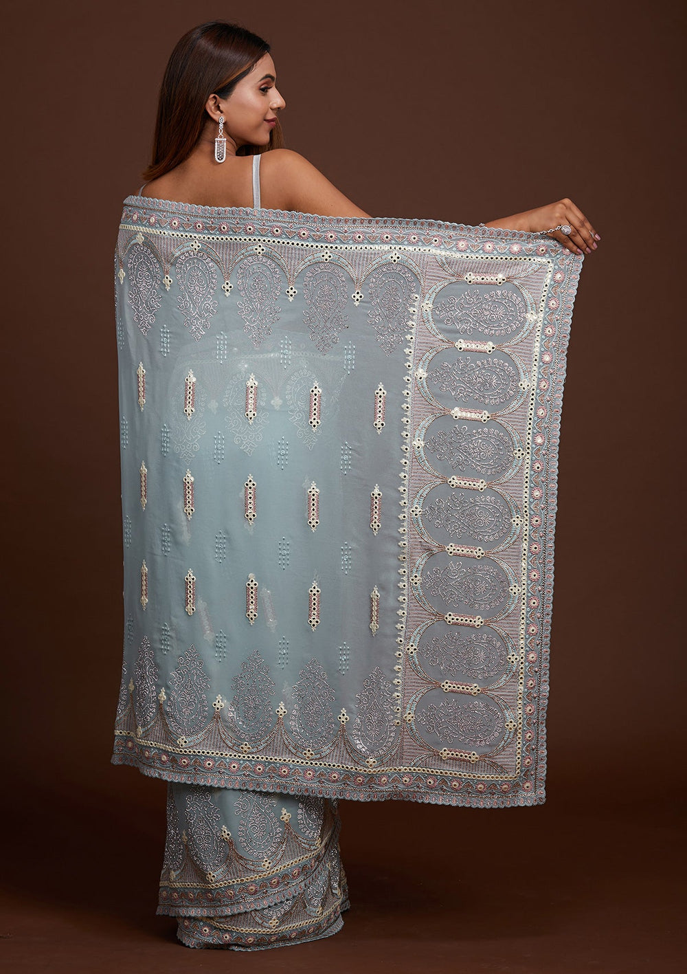 Sky Blue Zariwork Georgette Saree-Koskii