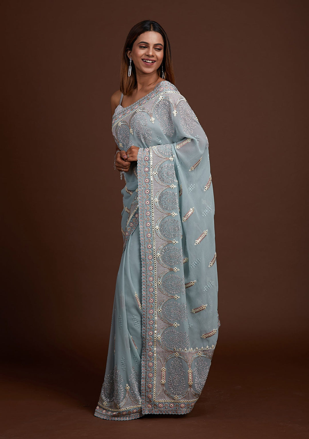 Sky Blue Zariwork Georgette Saree-Koskii