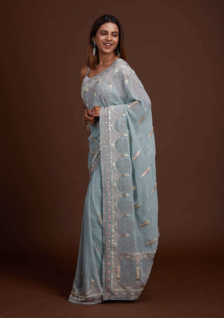 Sky Blue Zariwork Georgette Saree-Koskii