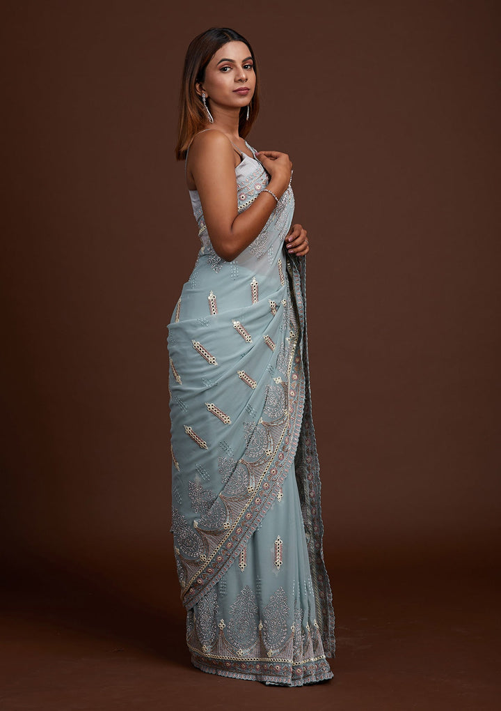Sky Blue Zariwork Georgette Saree-Koskii