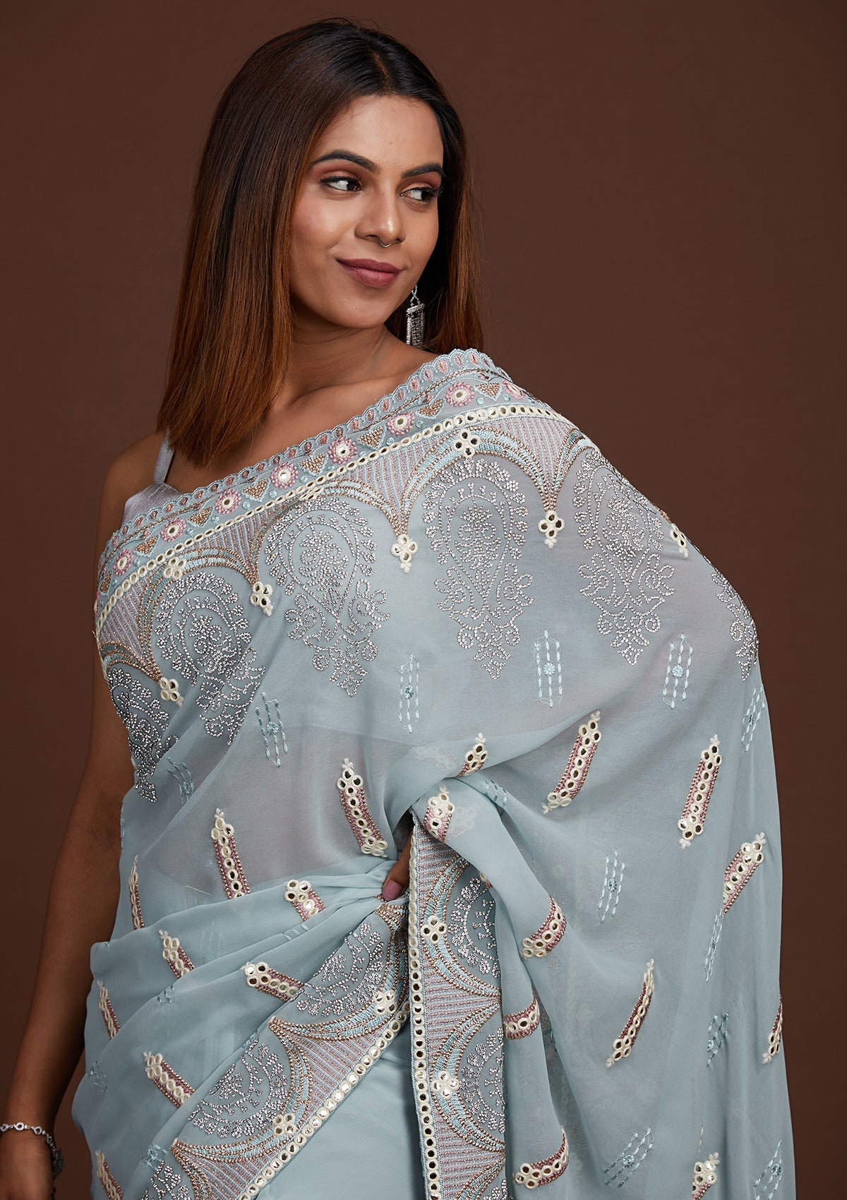 Sky Blue Zariwork Georgette Saree-Koskii