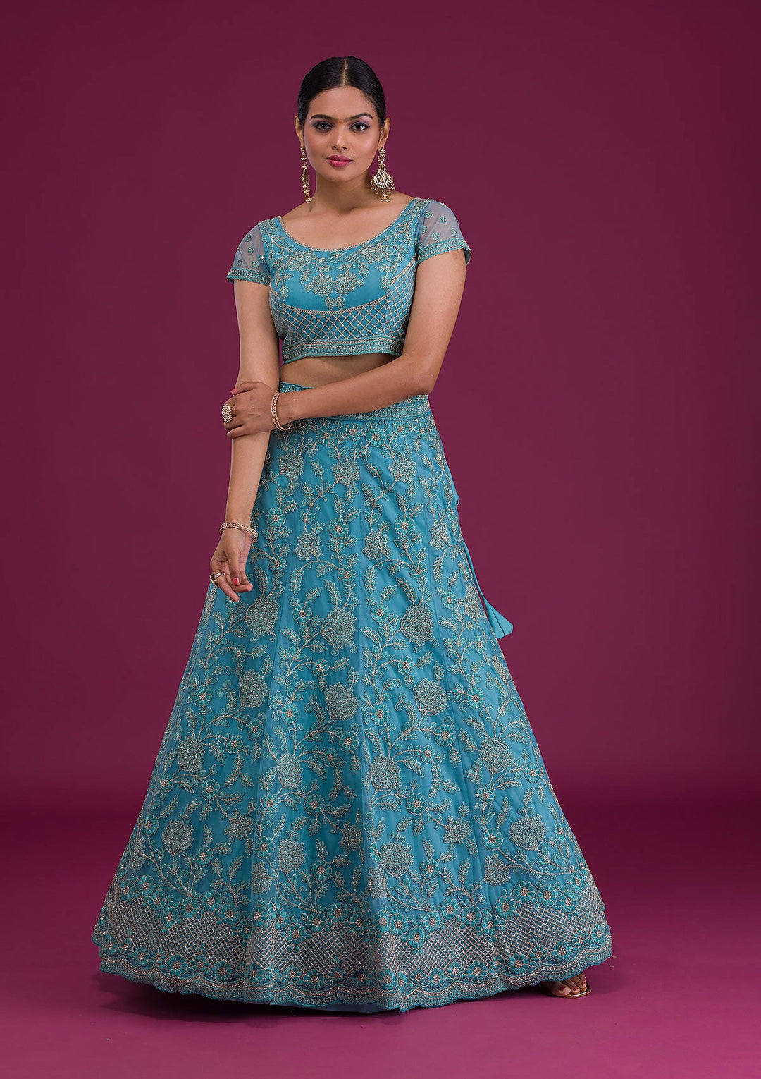 Sky Blue Zariwork Net Semi-Stitched Lehenga-Koskii