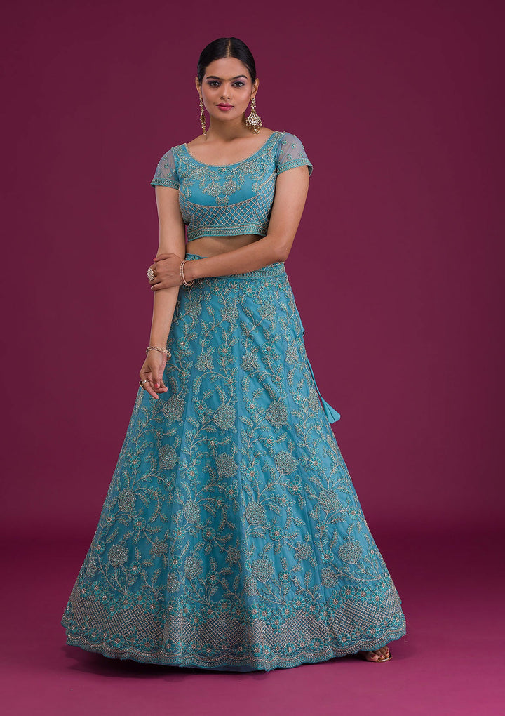 Sky Blue Zariwork Net Semi-Stitched Lehenga-Koskii