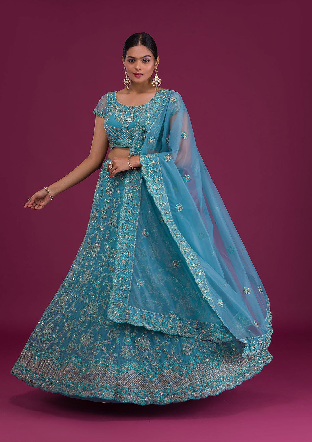 Sky Blue Zariwork Net Semi-Stitched Lehenga-Koskii