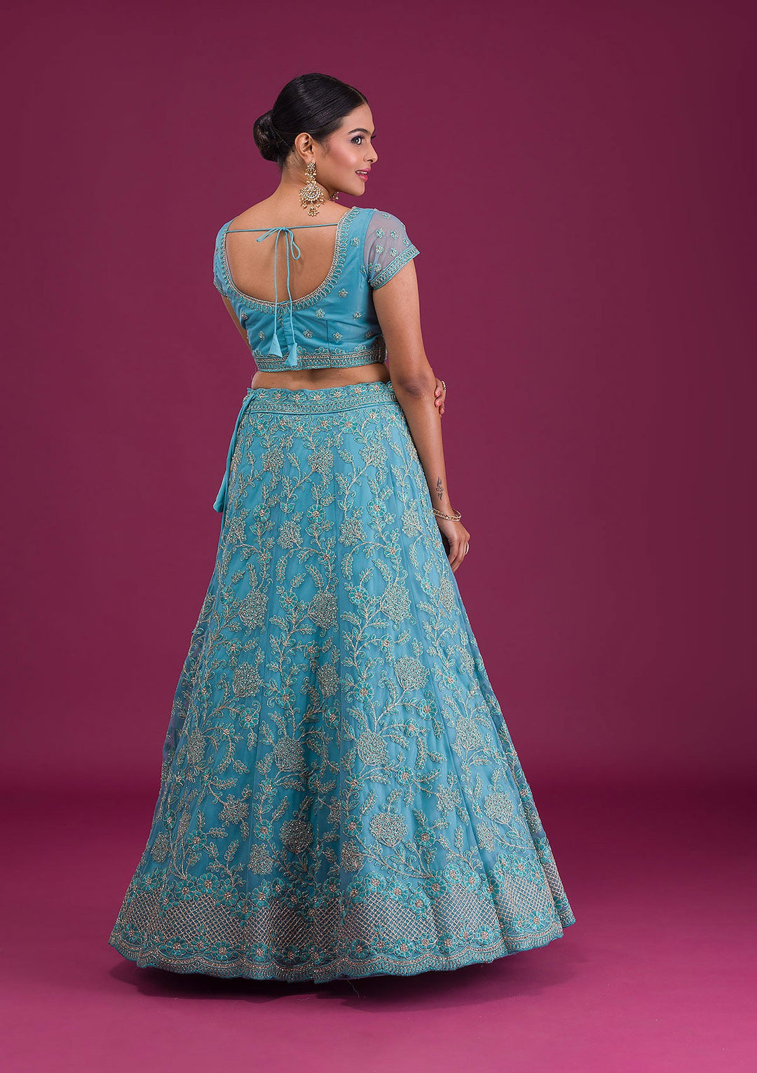 Sky Blue Zariwork Net Semi-Stitched Lehenga-Koskii