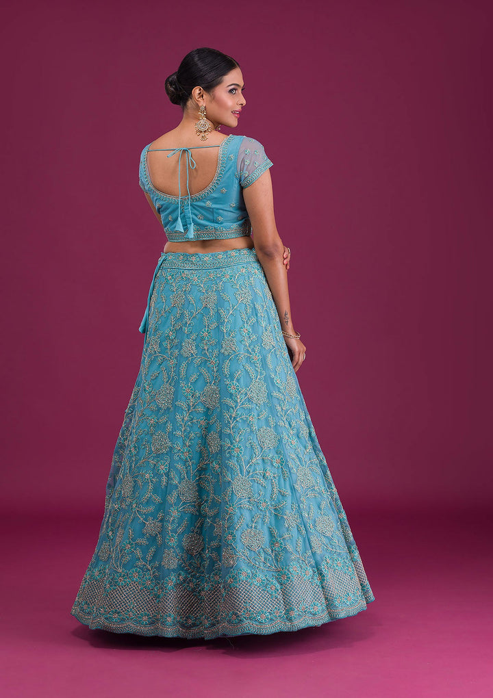Sky Blue Zariwork Net Semi-Stitched Lehenga-Koskii