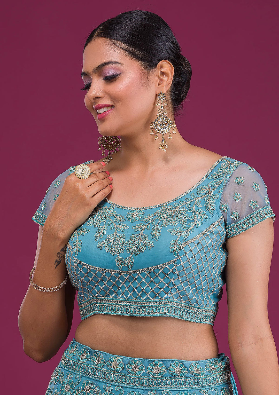 Sky Blue Zariwork Net Semi-Stitched Lehenga-Koskii