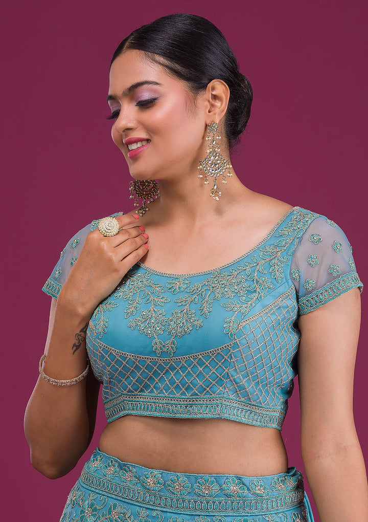 Sky Blue Zariwork Net Semi-Stitched Lehenga-Koskii
