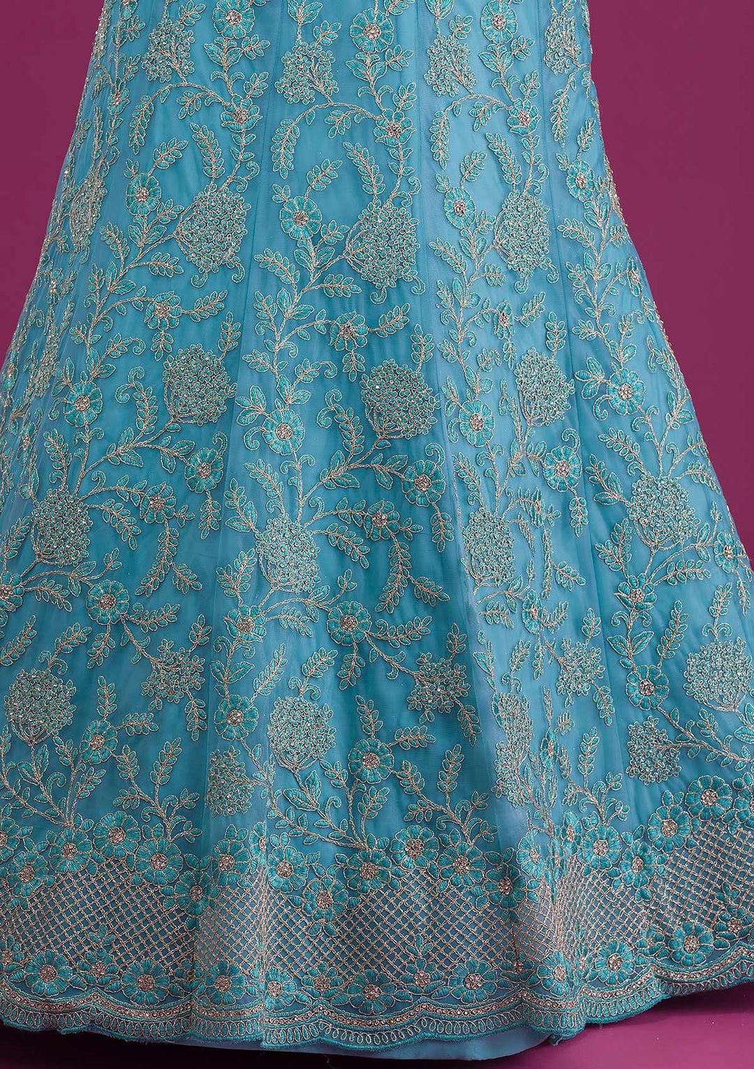Sky Blue Zariwork Net Semi-Stitched Lehenga-Koskii
