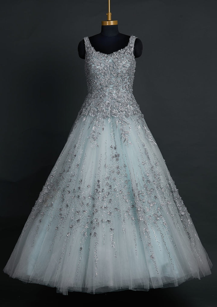 Sky Blue Zariwork Net Designer Gown - koskii