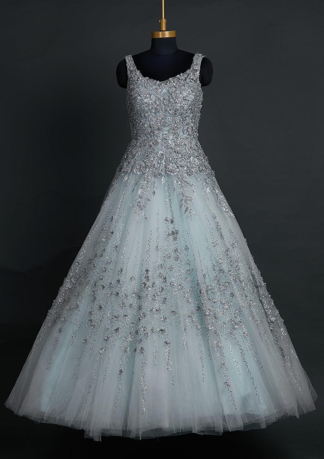 Buy Sky Blue Zariwork Net Designer Gown Koskii