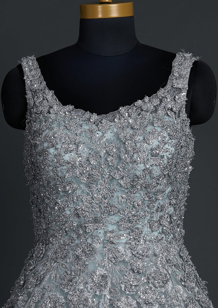 Sky Blue Zariwork Net Designer Gown - koskii