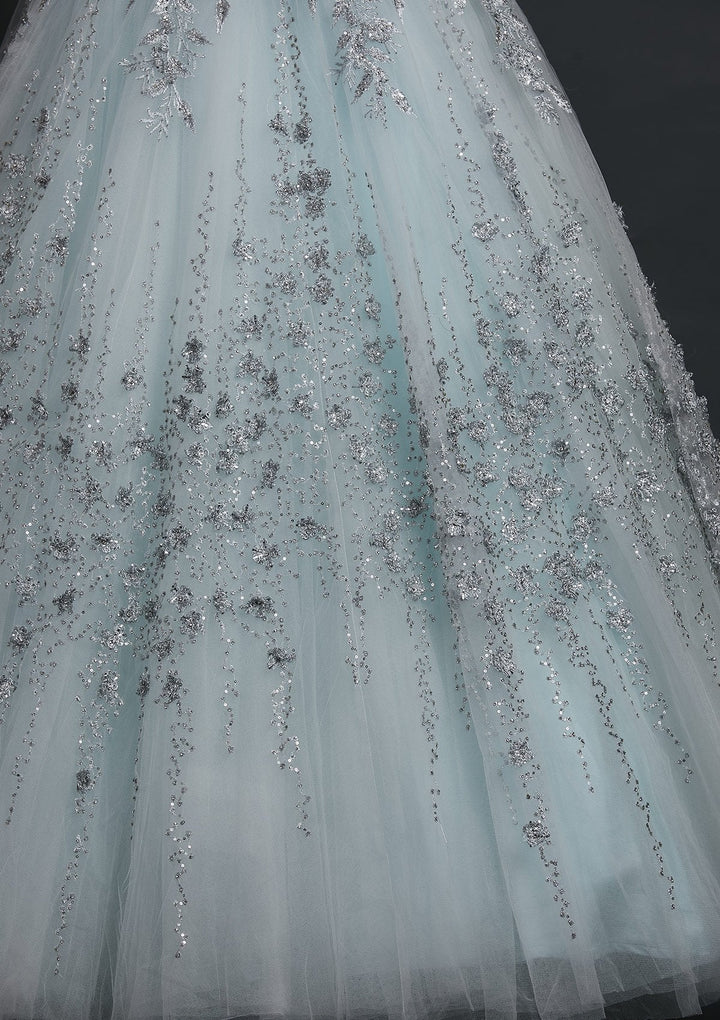 Sky Blue Zariwork Net Designer Gown - koskii