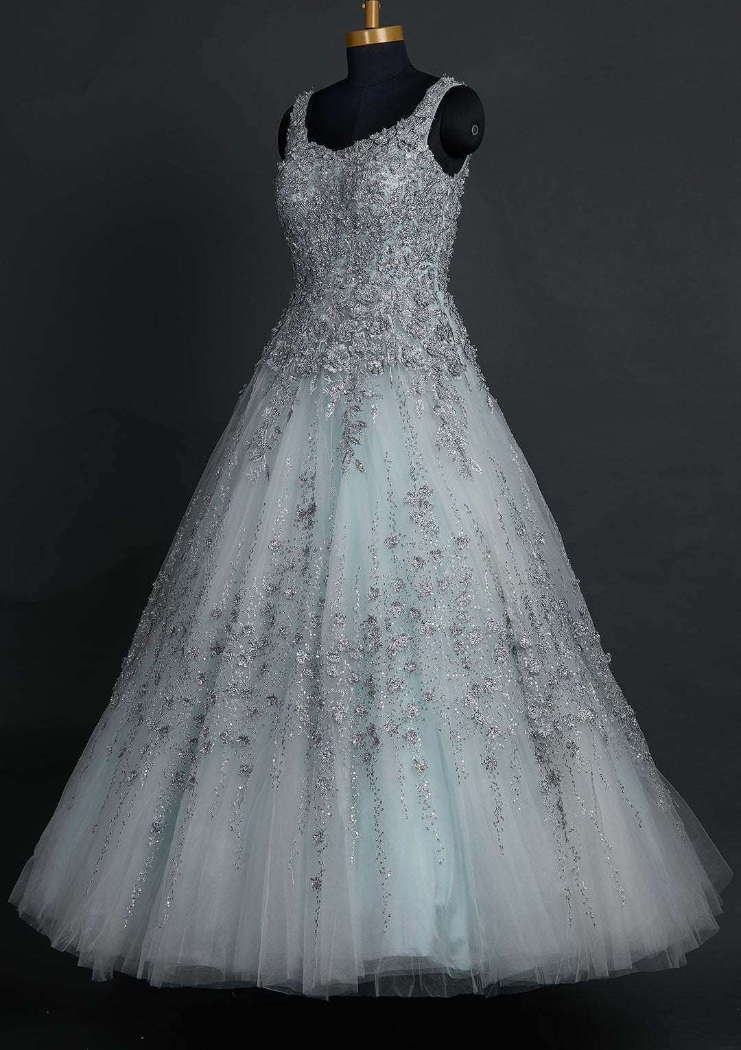 Sky Blue Zariwork Net Designer Gown - koskii