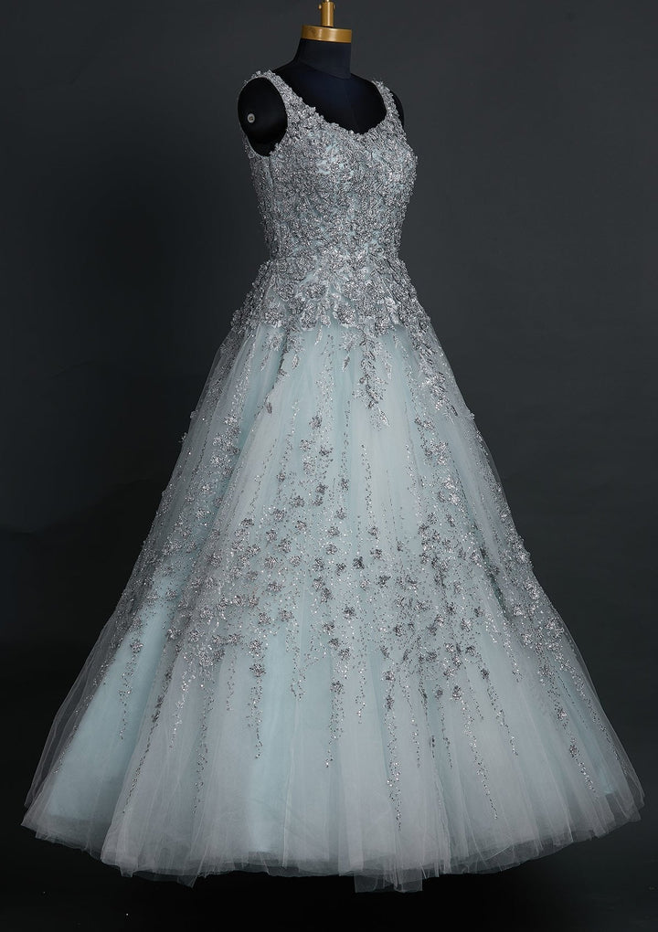 Sky Blue Zariwork Net Designer Gown - koskii