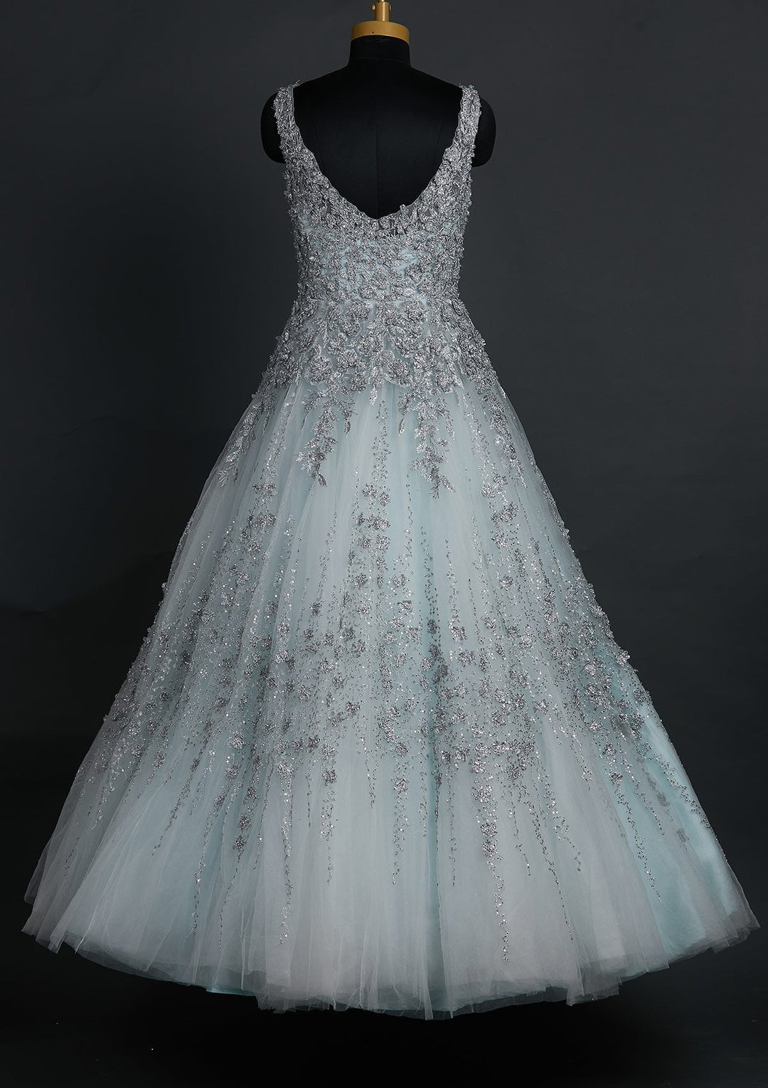 Sky Blue Zariwork Net Designer Gown - koskii