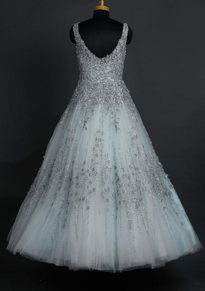 Sky Blue Zariwork Net Designer Gown - koskii