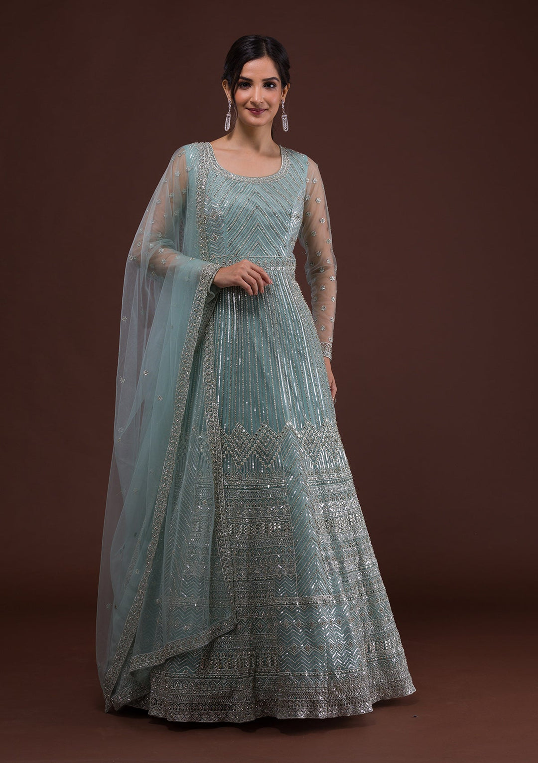 Sky Blue Zariwork Net Designer Gown-Koskii