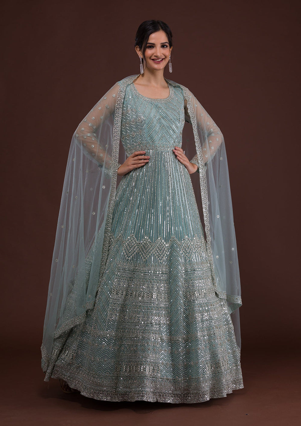Sky Blue Zariwork Net Designer Gown-Koskii