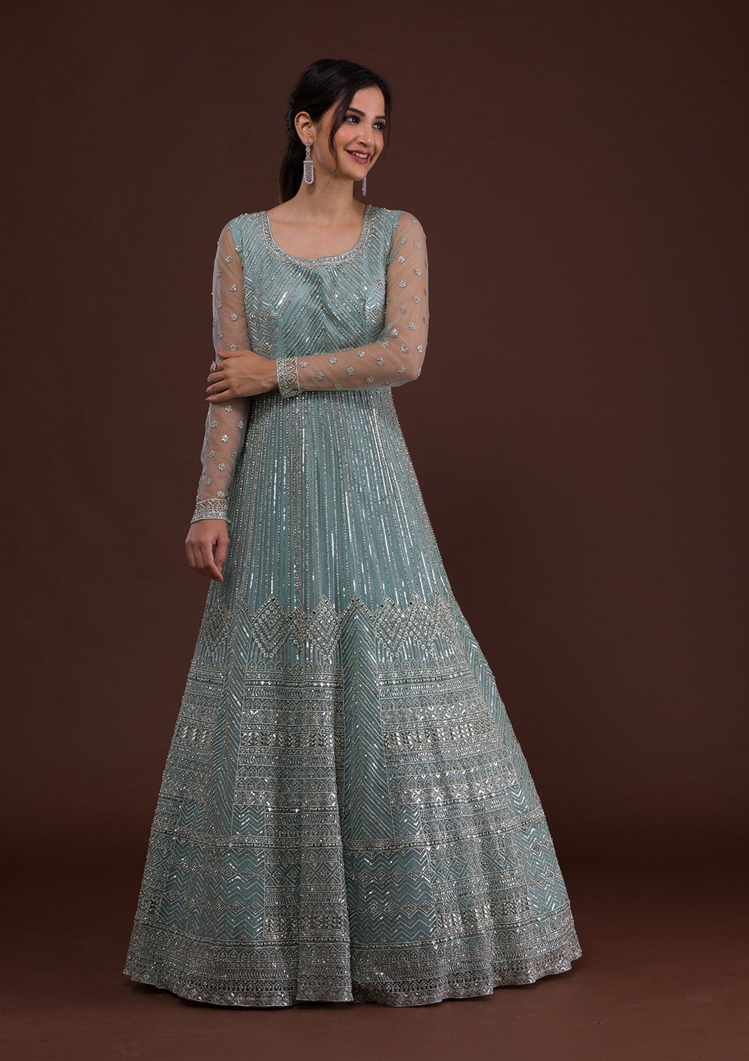 Sky Blue Zariwork Net Designer Gown-Koskii