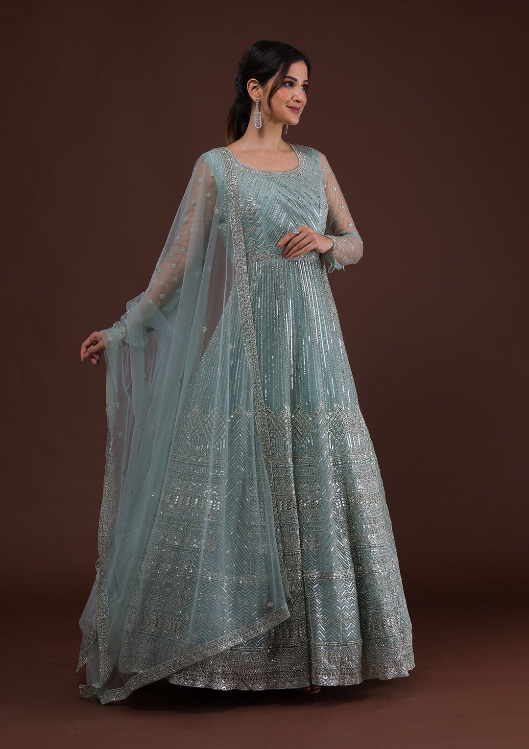 Sky Blue Zariwork Net Designer Gown-Koskii