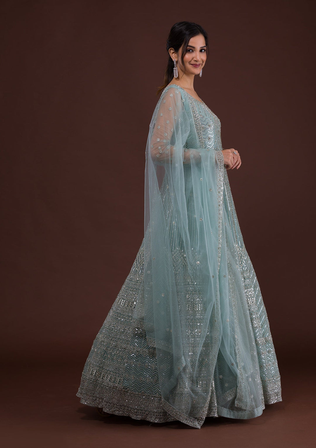 Sky Blue Zariwork Net Designer Gown-Koskii