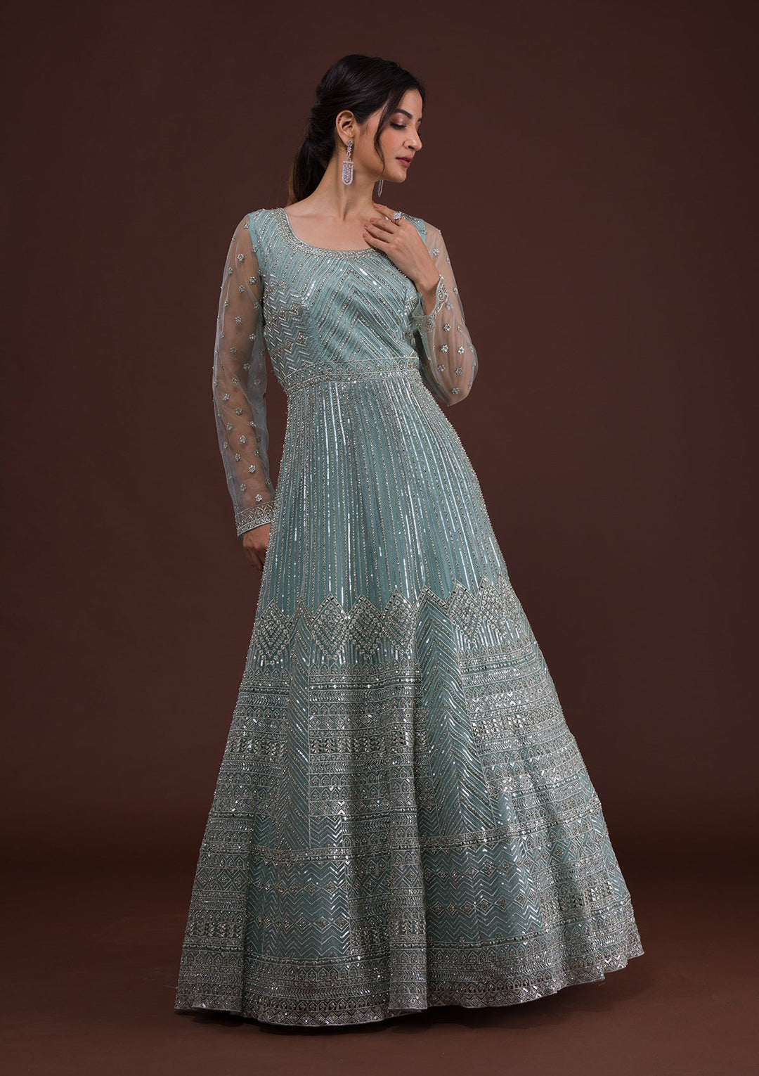 Sky Blue Zariwork Net Designer Gown-Koskii