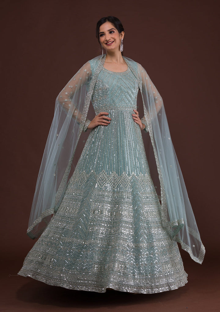 Sky Blue Zariwork Net Designer Gown-Koskii