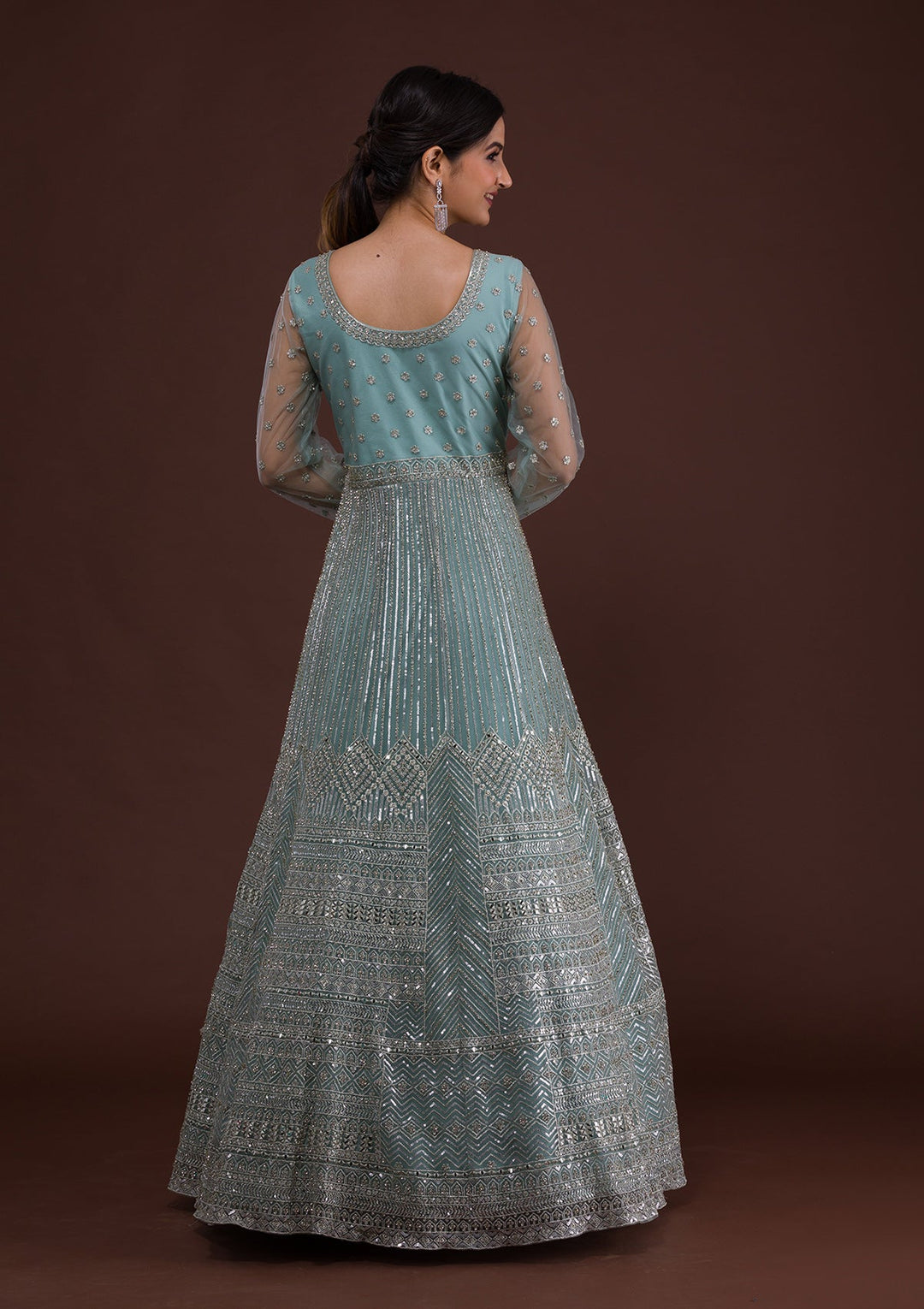 Sky Blue Zariwork Net Designer Gown-Koskii