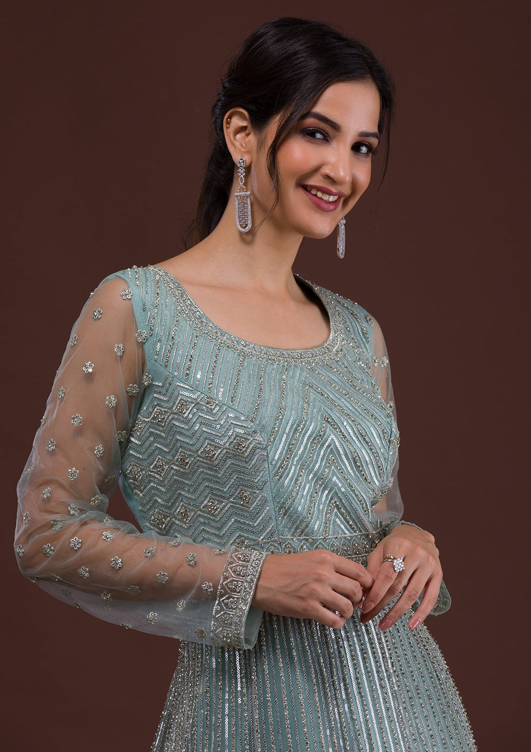 Sky Blue Zariwork Net Designer Gown-Koskii