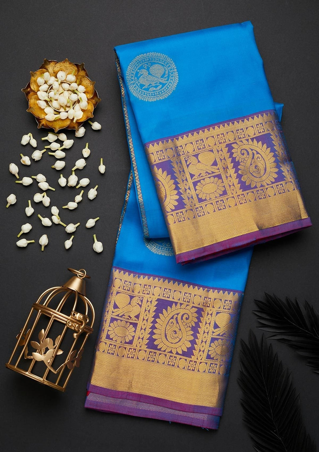 Sky Blue Zariwork Pure Silk Designer Saree - Koskii