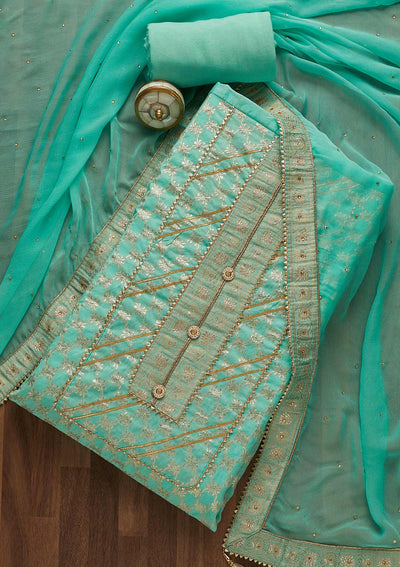 Sky Blue Zariwork Raw Silk Unstitched Salwar Suit-Koskii