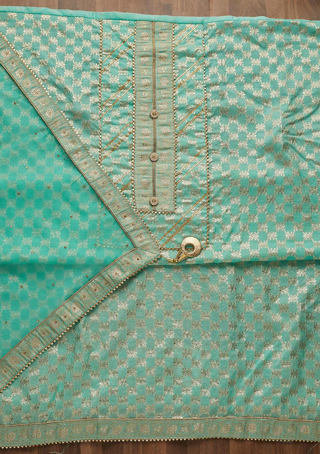 Sky Blue Zariwork Raw Silk Unstitched Salwar Suit-Koskii