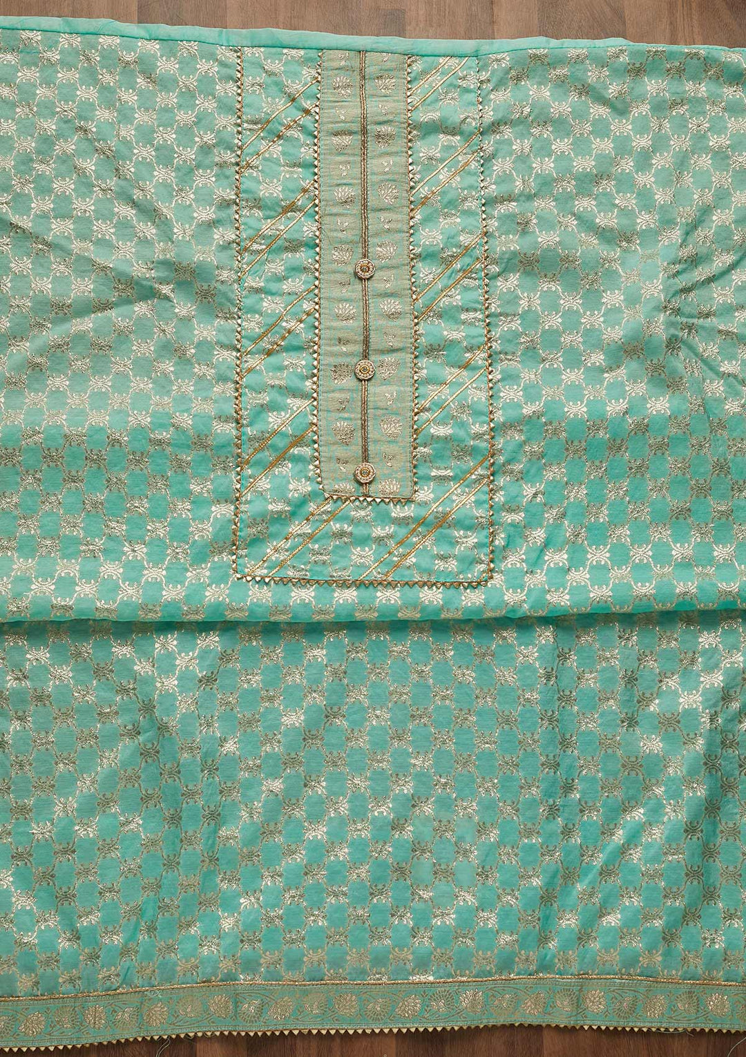 Sky Blue Zariwork Raw Silk Unstitched Salwar Suit-Koskii